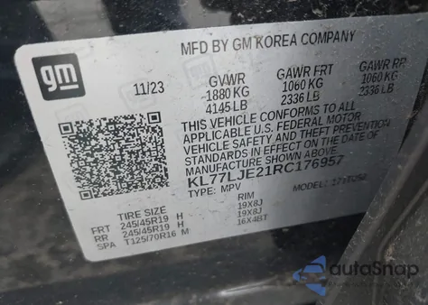 2024 Chevrolet Trax Fwd 2Rs из США, поврежденный, VIN KL77LJE21RC176957